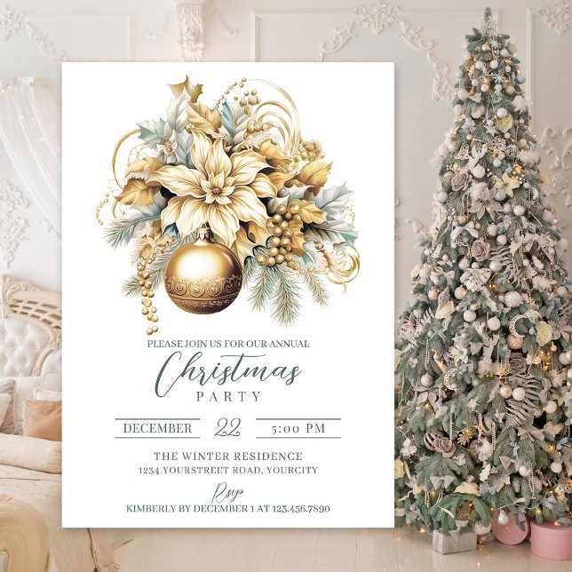 Invitación Elegantes Navidades clásicos de lujo dorado y verd (Gold luxury elegant Christmas party invitation)