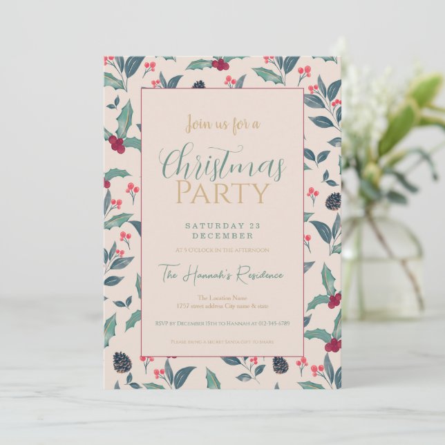 Invitación Elegantes Navidades de acuarela floral de invierno (Anverso de pie)
