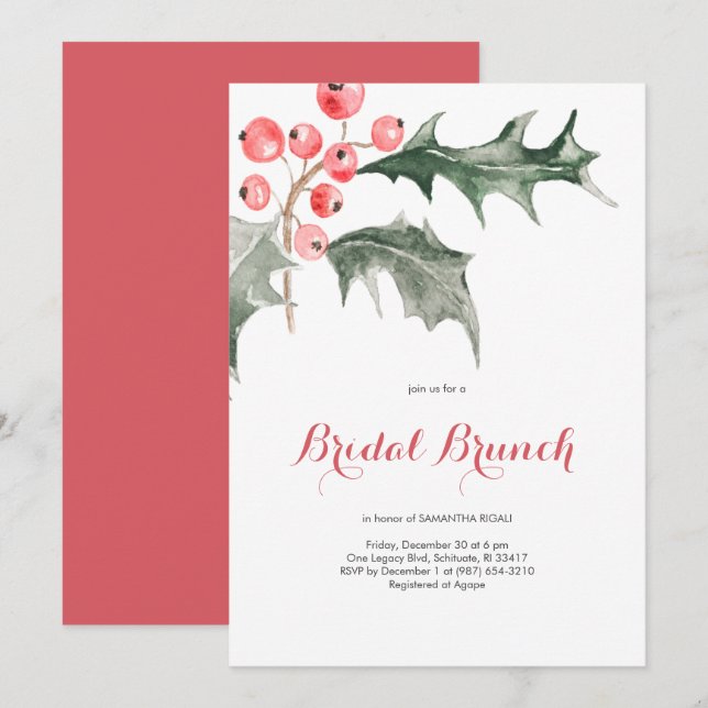 Invitación Elegantes Navidades de acuarela Holly Bridal Brunc (Anverso / Reverso)