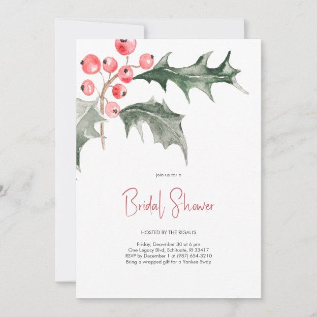 Invitación Elegantes Navidades de acuarela Holly Bridal Showe (Anverso)