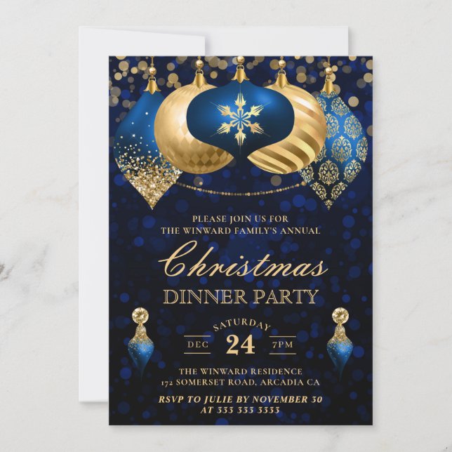 Invitación Elegantes Navidades de Baubles Azules y Oro Fiesta (Anverso)