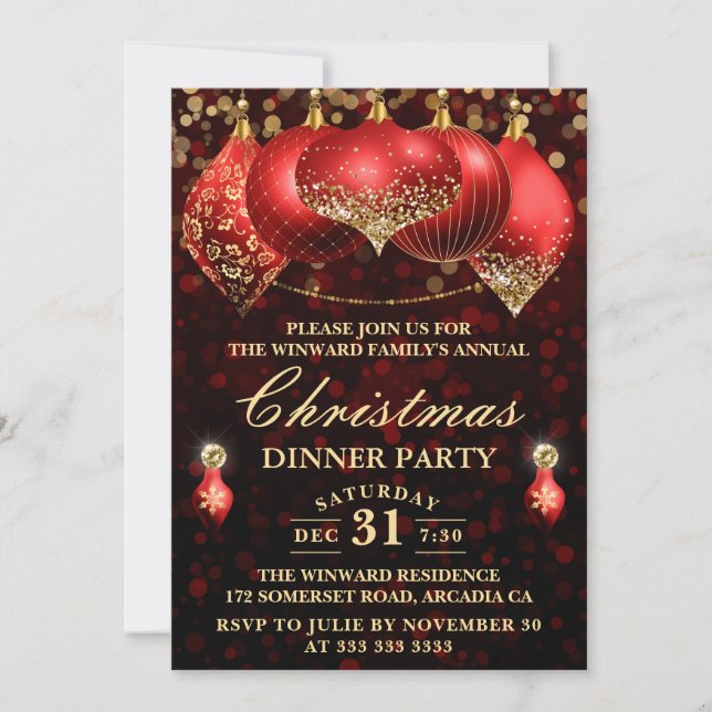 Invitación Elegantes Navidades de Baubles Rojos y Oro Fiesta  (Anverso)