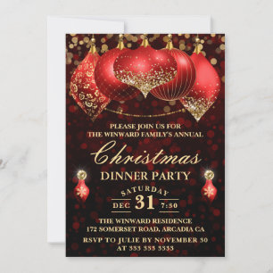 Invitación Elegantes Navidades de Baubles Rojos y Oro Fiesta