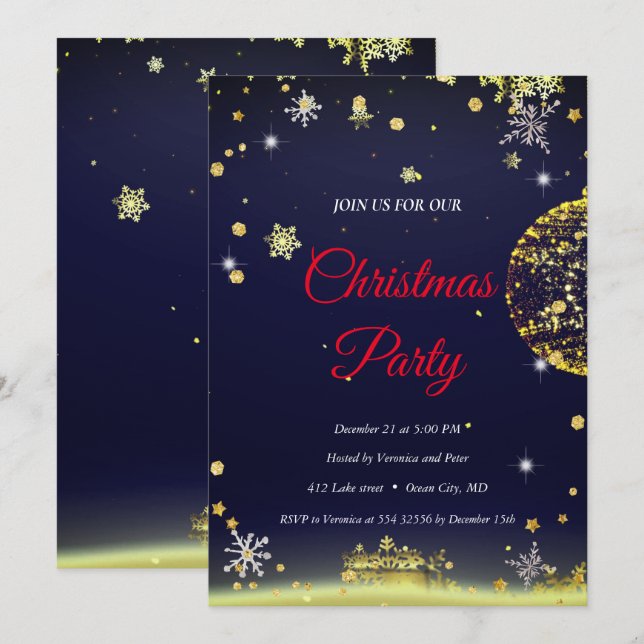 Invitación Elegantes Navidades de Black Diamonds Stars (Anverso / Reverso)
