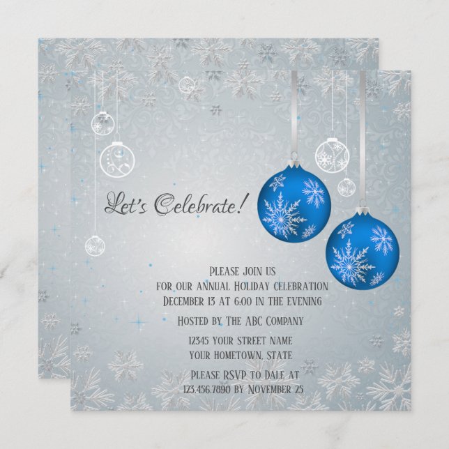 Invitación Elegantes Navidades de Blue Ornaments Silver Snowf (Anverso / Reverso)