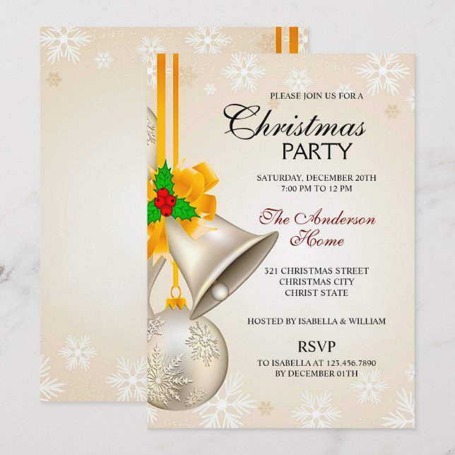 Invitación Elegantes Navidades de campanas doradas (Anverso / Reverso)