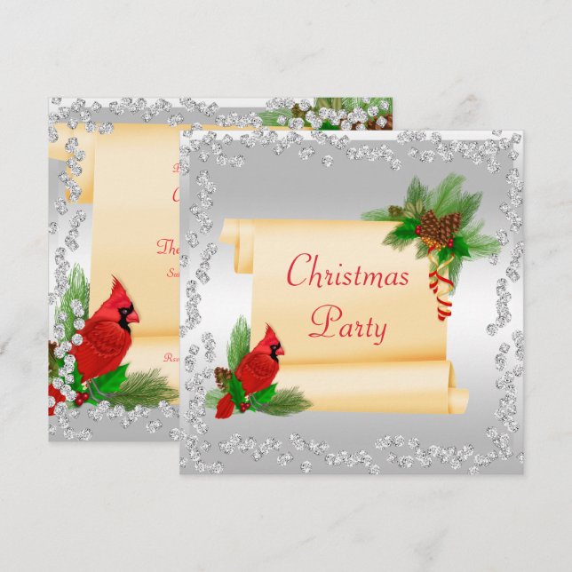 Invitación Elegantes Navidades de Cardenales y Diamantes de D (Anverso / Reverso)