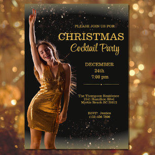 Invitación Elegantes Navidades de cócteles Fiesta de oro negr