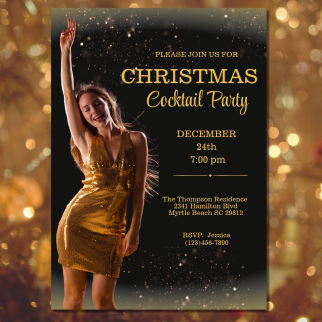 Invitación Elegantes Navidades de cócteles Fiesta de oro negr (Subido por el creador)