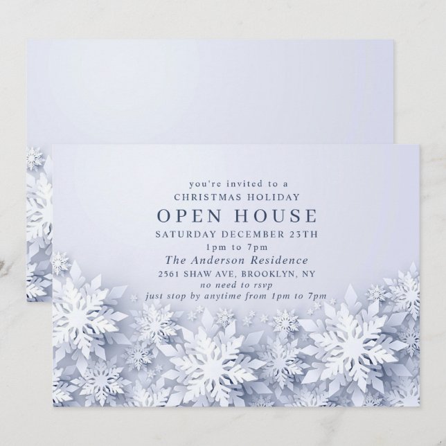 Invitación Elegantes Navidades de copas de nieve en la Casa A (Anverso / Reverso)