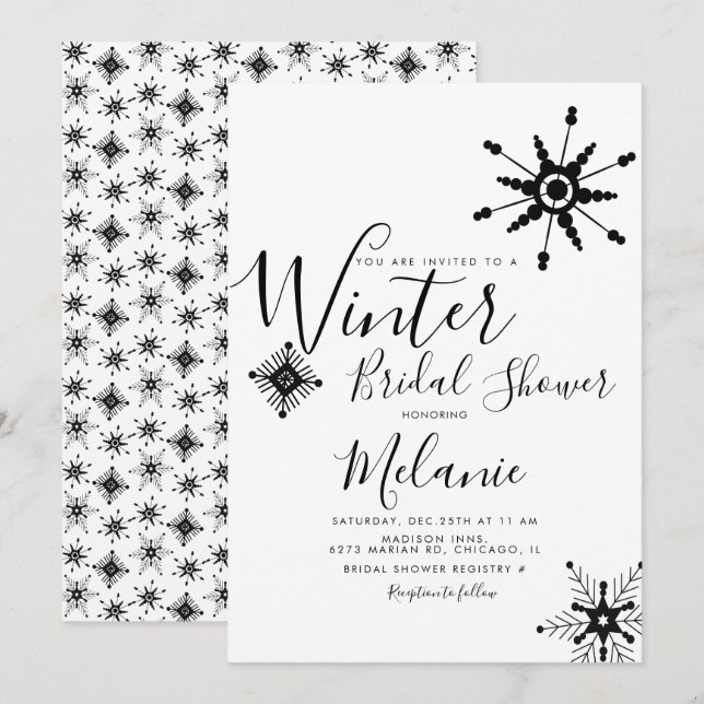 Invitación Elegantes Navidades de copo de nieve negro ducha d (Anverso / Reverso)
