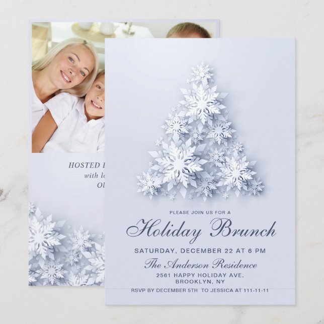 Invitación Elegantes NAVIDADES de copos de nieve BRUNCH (Anverso / Reverso)
