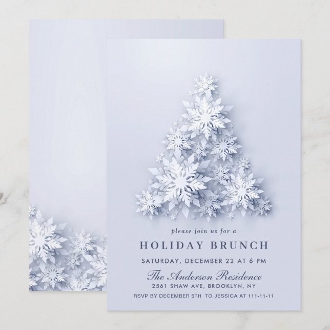 Invitación Elegantes NAVIDADES de copos de nieve BRUNCH (Anverso / Reverso)