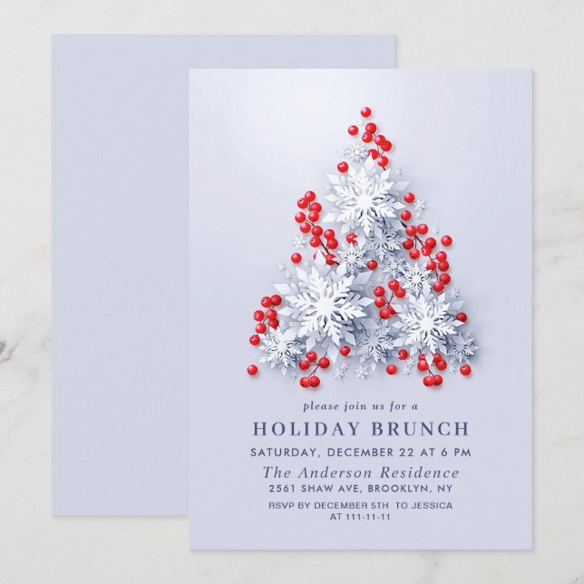 Invitación Elegantes NAVIDADES de copos de nieve BRUNCH (Anverso / Reverso)