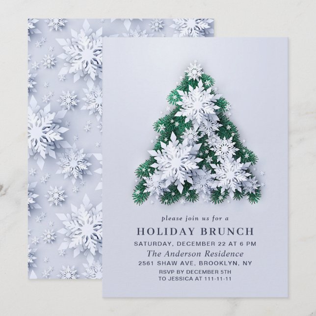 Invitación Elegantes NAVIDADES de copos de nieve BRUNCH (Anverso / Reverso)