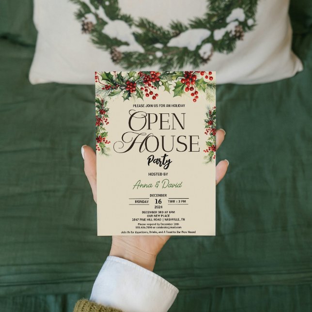 Invitación Elegantes Navidades de Floral Xmas Holly Open Hous (Elegant Floral Xmas Holly Christmas Open House Invitation flowers Families & Couples hosting )