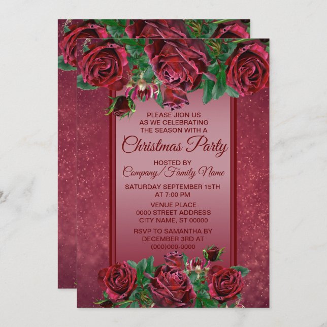 Invitación Elegantes Navidades de flores rosadas Fiestas (Anverso / Reverso)