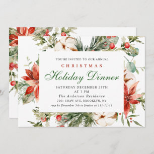 Invitación Elegantes Navidades de la Poinsettia Roja cena de 
