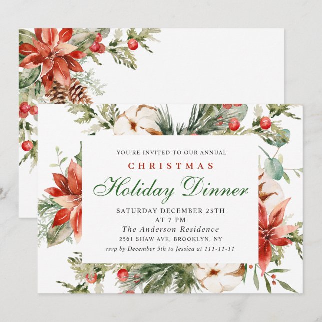 Invitación Elegantes Navidades de la Poinsettia Roja cena de  (Anverso / Reverso)