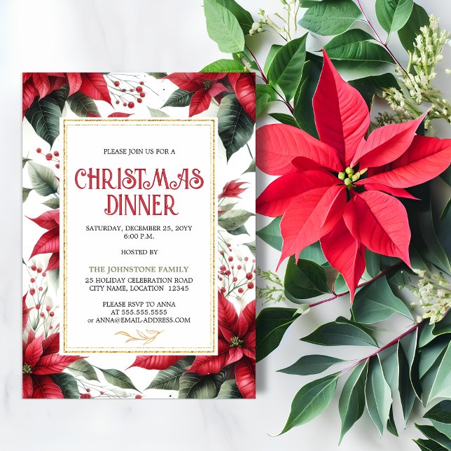 Invitación Elegantes Navidades de la Poinsettia Roja cena de  (Elegant red poinsettia Christmas Holiday dinner party invitation front view.)