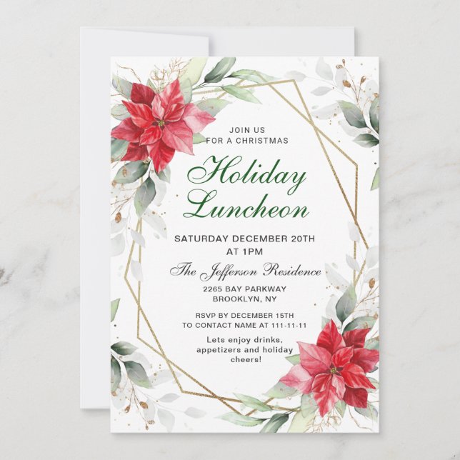 Invitación Elegantes Navidades de la Poinsettia Roja Luncheon (Anverso)