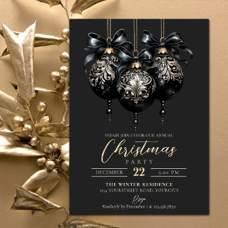 Invitación Elegantes Navidades de lujo en baubles en negro y 