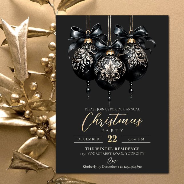 Invitación Elegantes Navidades de lujo en baubles en negro y  (Gold and black luxury Christmas invitation with ornate Christmas baubles)