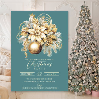 Invitación Elegantes Navidades de lujo verde azulados de oro 