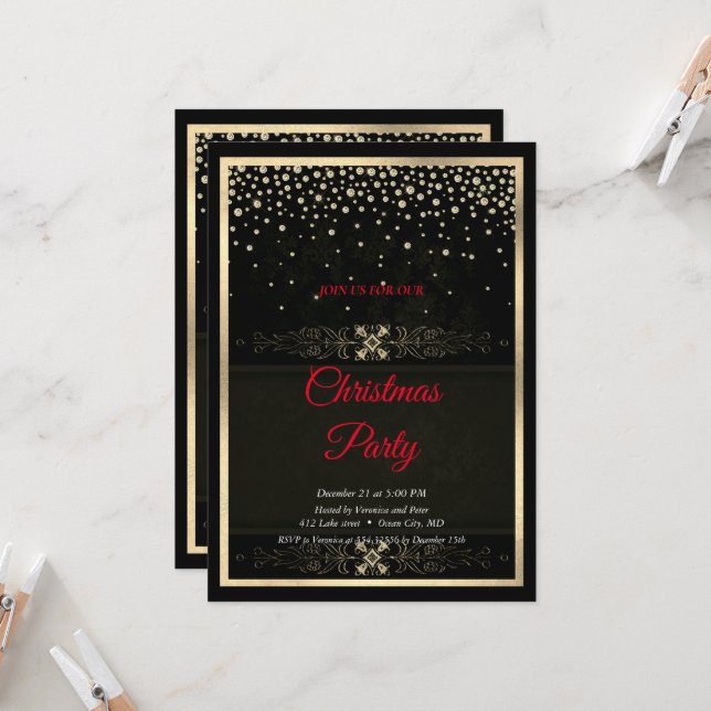 Invitación Elegantes Navidades de marcos de diamantes negros (Anverso/Reverso In Situ)