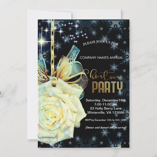 Invitación Elegantes Navidades de moda de rosa blanca dorada (Anverso)