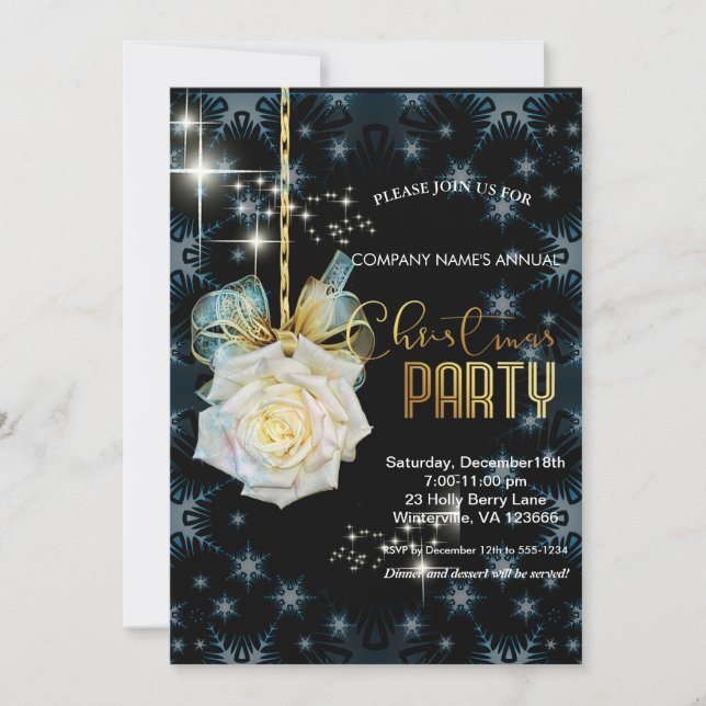 Invitación Elegantes Navidades de moda de rosa blanca dorada (Anverso)