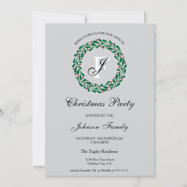 Invitación Elegantes Navidades de Monograma Fiesta de Cena Wr (Anverso)