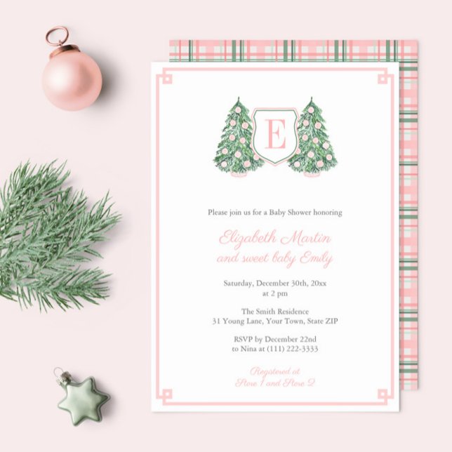 Invitación Elegantes Navidades de Monograma Rosa Bebé Chica D (Elegant Pink Green Chinoiserie Christmas Monogram Baby Shower Invitations to welcome a little girl)