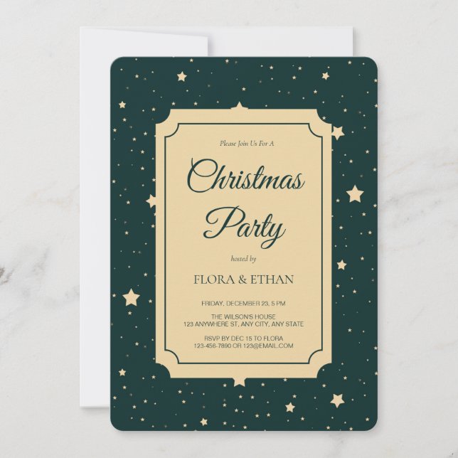 Invitación Elegantes Navidades de noche verdes y estrellas de (Anverso)
