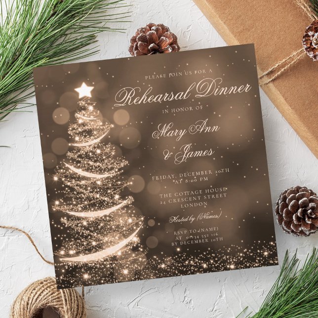 Invitación Elegantes Navidades de oro ensayan cena (Elegant Gold Christmas Rehearsal Dinner Invitation)