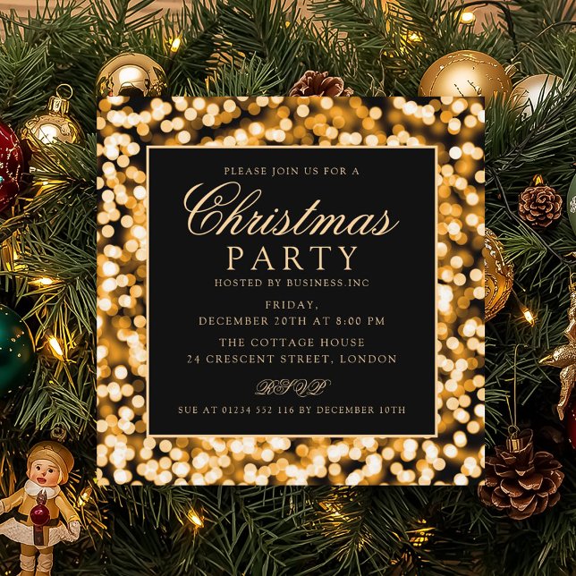 Invitación Elegantes Navidades de oro Fiesta de Fiesta de Fie (Elegant Gold Christmas String Lights Holiday Party Invitation)