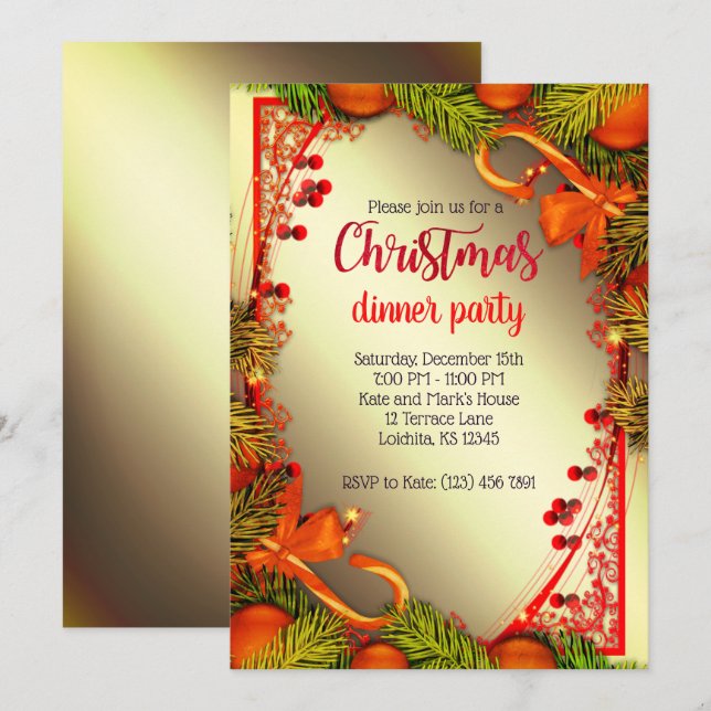 Invitación Elegantes Navidades de oro invitan a Fiesta de cen (Anverso / Reverso)