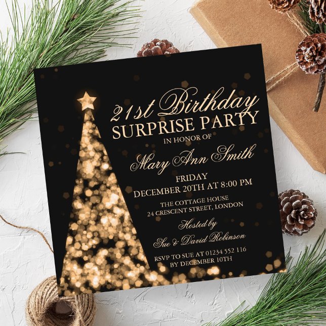 Invitación Elegantes Navidades de oro sorprenden a los 21 año (Elegant Gold Christmas Surprise 21st Birthday Invitation)