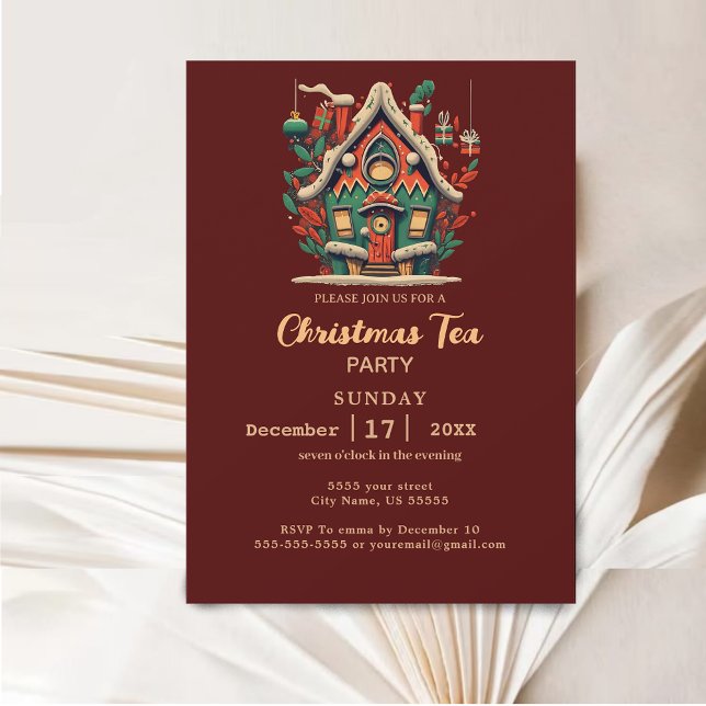 Invitación Elegantes Navidades de Oro y Casa Roja Fiesta de t (Elegant Gold & Red House Christmas Tea Party Invitation)