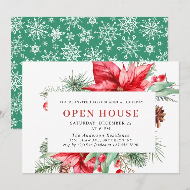 Invitación Elegantes Navidades de Poinsettia en la Casa Abier (Anverso / Reverso)