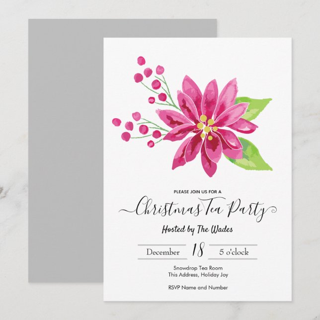 Invitación Elegantes Navidades de Poinsettia Fiesta de té (Anverso / Reverso)