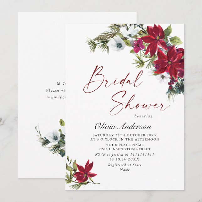 Invitación Elegantes Navidades de Poinsettia Roja DUCHA BRIDA (Anverso / Reverso)