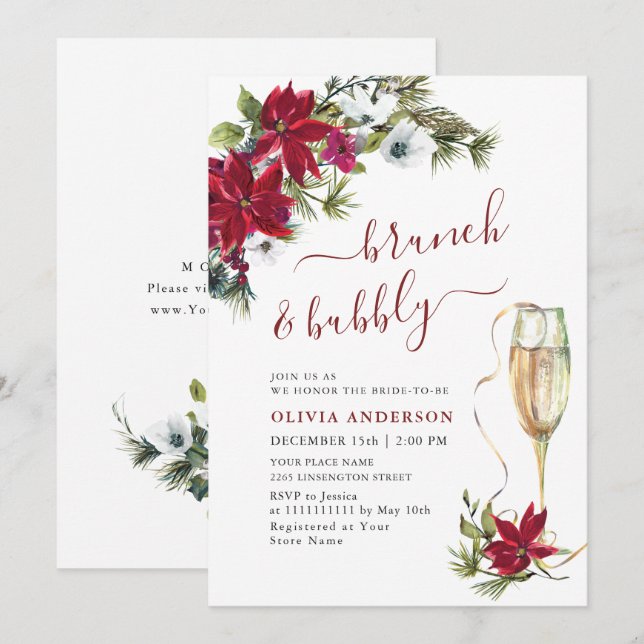Invitación Elegantes Navidades de Poinsettia Roja DUCHA BRIDA (Anverso / Reverso)
