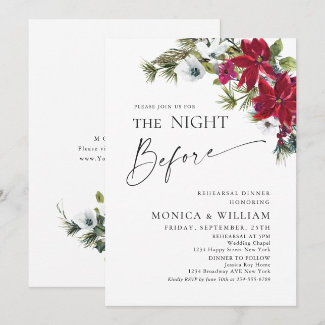 Invitación Elegantes Navidades de Poinsettia Roja ensayan cen (Anverso / Reverso)
