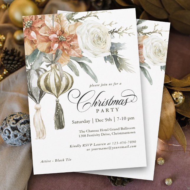 Invitación Elegantes Navidades de Poinsettias y Ornamentos Fi (Personalize this elegant Christmas Party invitation with your event details.)