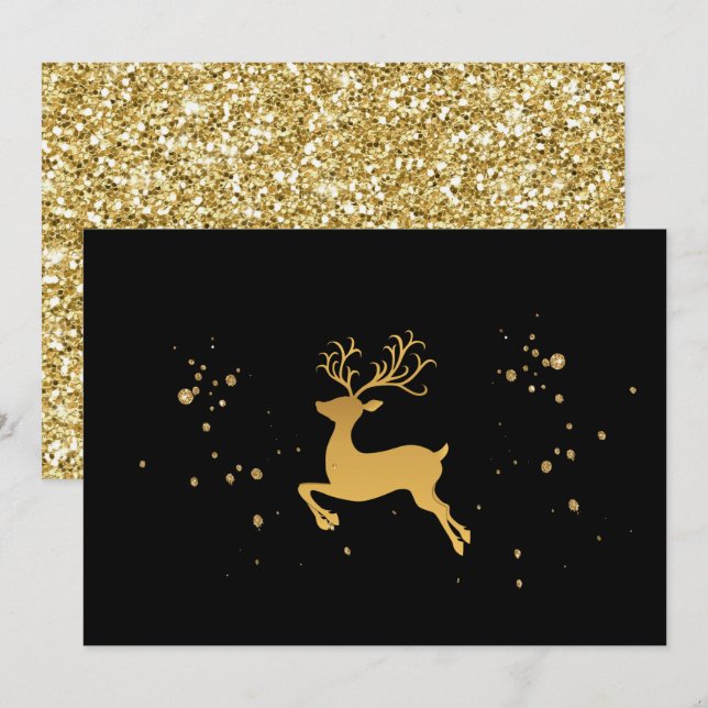 Invitación Elegantes Navidades de Rudolph Negro y Oro (Anverso / Reverso)