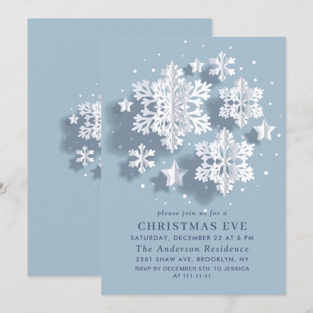 Invitación Elegantes NAVIDADES de vacaciones con copos de nie (Anverso / Reverso)