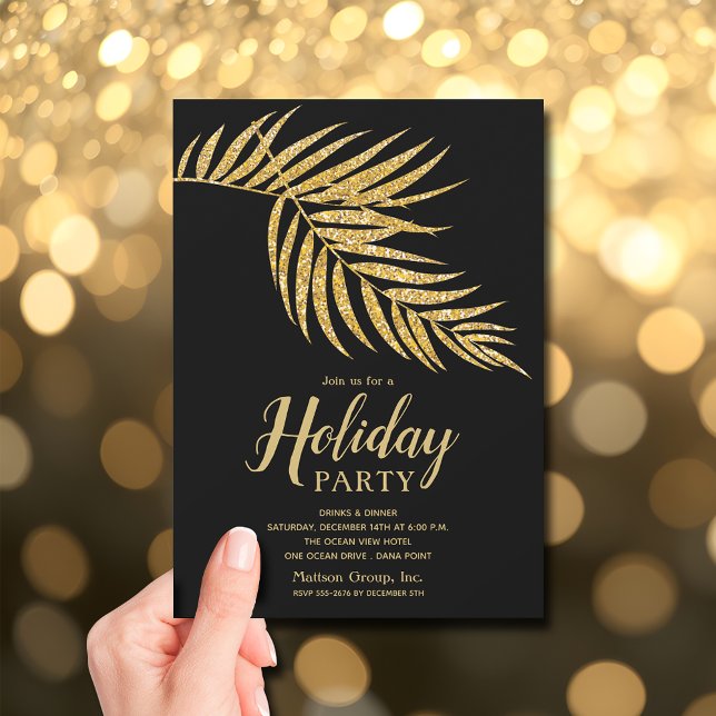 Invitación Elegantes Navidades de vacaciones de Purpurina dor (Elegant Gold Glitter Palm Holiday Christmas Invitations - INSTANT DOWNLOAD and/or PRINTED)