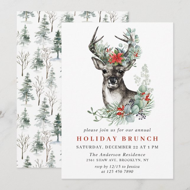 Invitación Elegantes NAVIDADES de venado de poinsettia del cu (Anverso / Reverso)