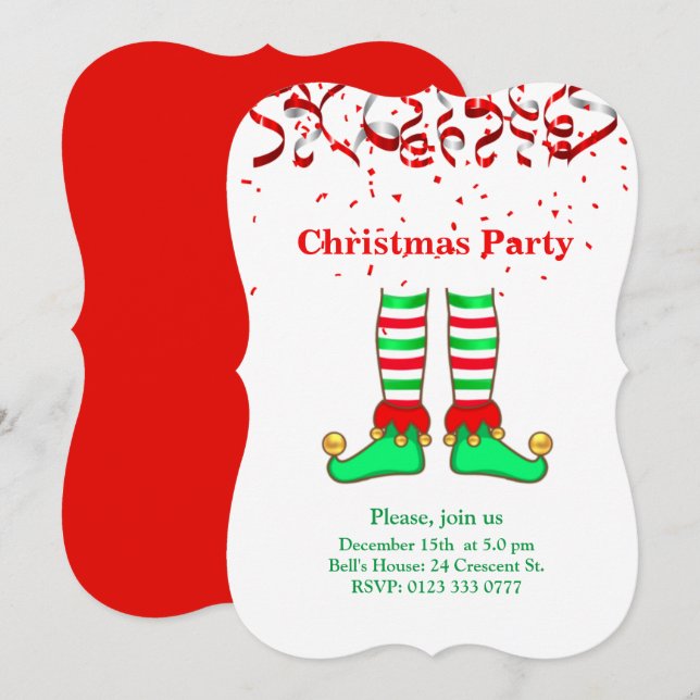 Invitación Elegantes Navidades elf sobre rojo y blanco (Anverso / Reverso)